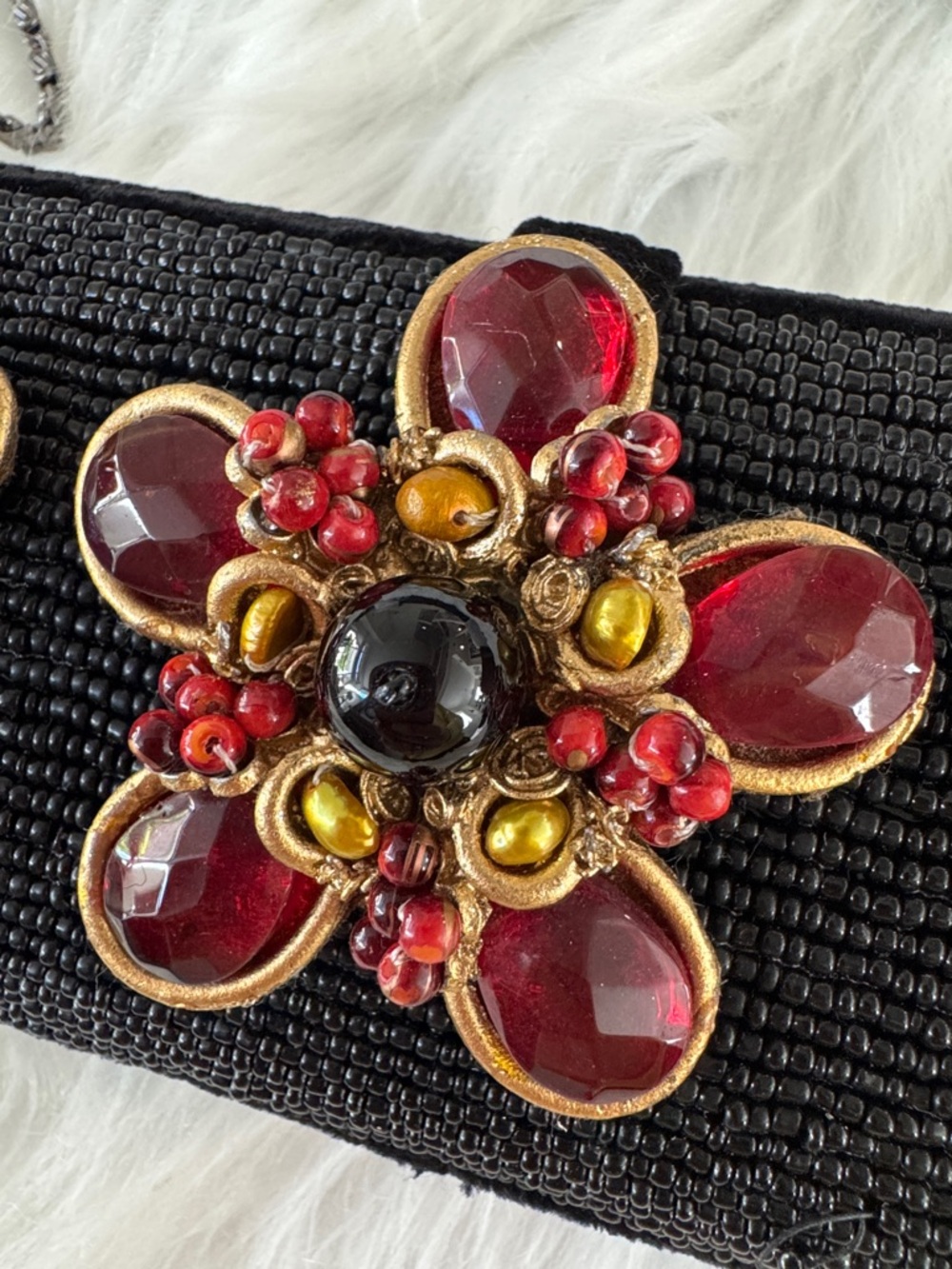 Mary Frances Black Beaded Evening Clutch with Red Gem Flower Accents - Picture 4 of 15